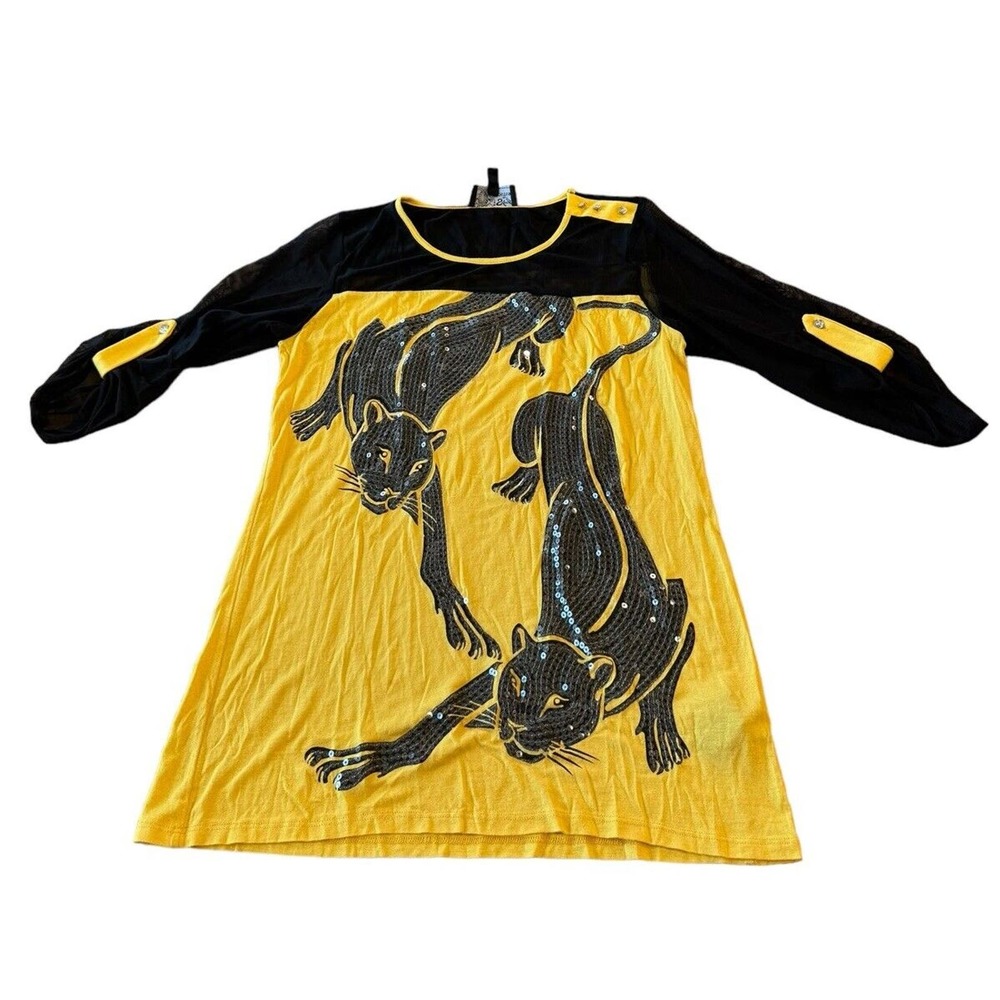 Sharif 1827 Couture Top Womens Sz Medium Graphic Sequined Black Panthers Yellow